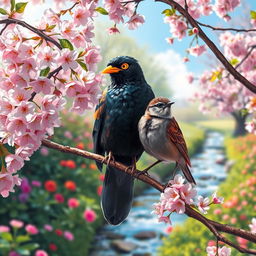 A detailed depiction of a myna bird and a sparrow perched together on a blossoming cherry tree branch