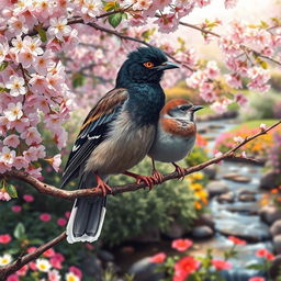 A detailed depiction of a myna bird and a sparrow perched together on a blossoming cherry tree branch