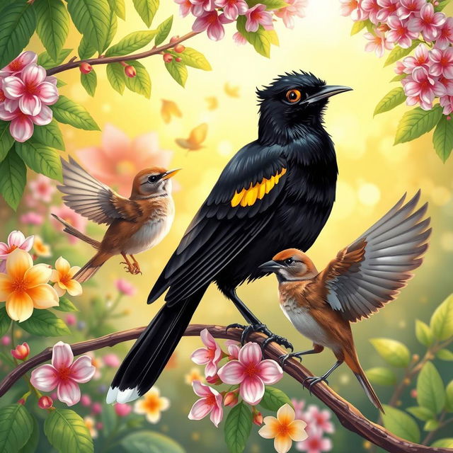 A beautifully illustrated scene featuring a Myna bird and a Sparrow interacting in a vibrant garden setting