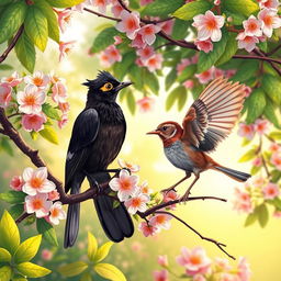 A beautifully illustrated scene featuring a Myna bird and a Sparrow interacting in a vibrant garden setting