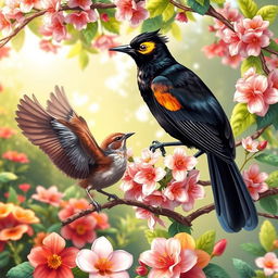 A beautifully illustrated scene featuring a Myna bird and a Sparrow interacting in a vibrant garden setting