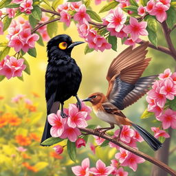 A beautifully illustrated scene featuring a Myna bird and a Sparrow interacting in a vibrant garden setting