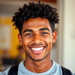 Create an image of a young man in his 20s with a radiant smile