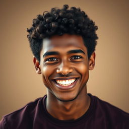 Create an image of a young man in his 20s with a radiant smile