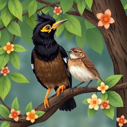 An illustration featuring a myna bird and a sparrow sitting together on a tree branch