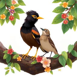 An illustration featuring a myna bird and a sparrow sitting together on a tree branch