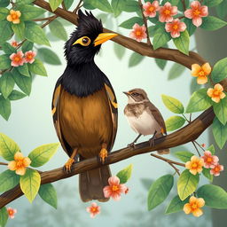 An illustration featuring a myna bird and a sparrow sitting together on a tree branch