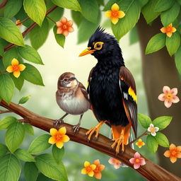 An illustration featuring a myna bird and a sparrow sitting together on a tree branch