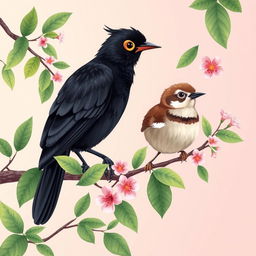 A charming illustration of a myna and a sparrow perched on a branch