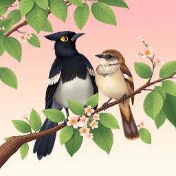 A charming illustration of a myna and a sparrow perched on a branch