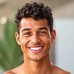 Create an image of a young man in his 20s with a cheerful expression