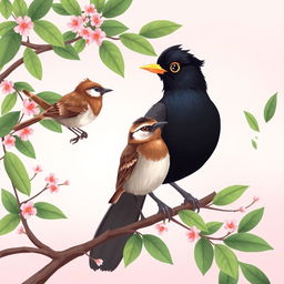 A charming illustration of a myna and a sparrow perched on a branch