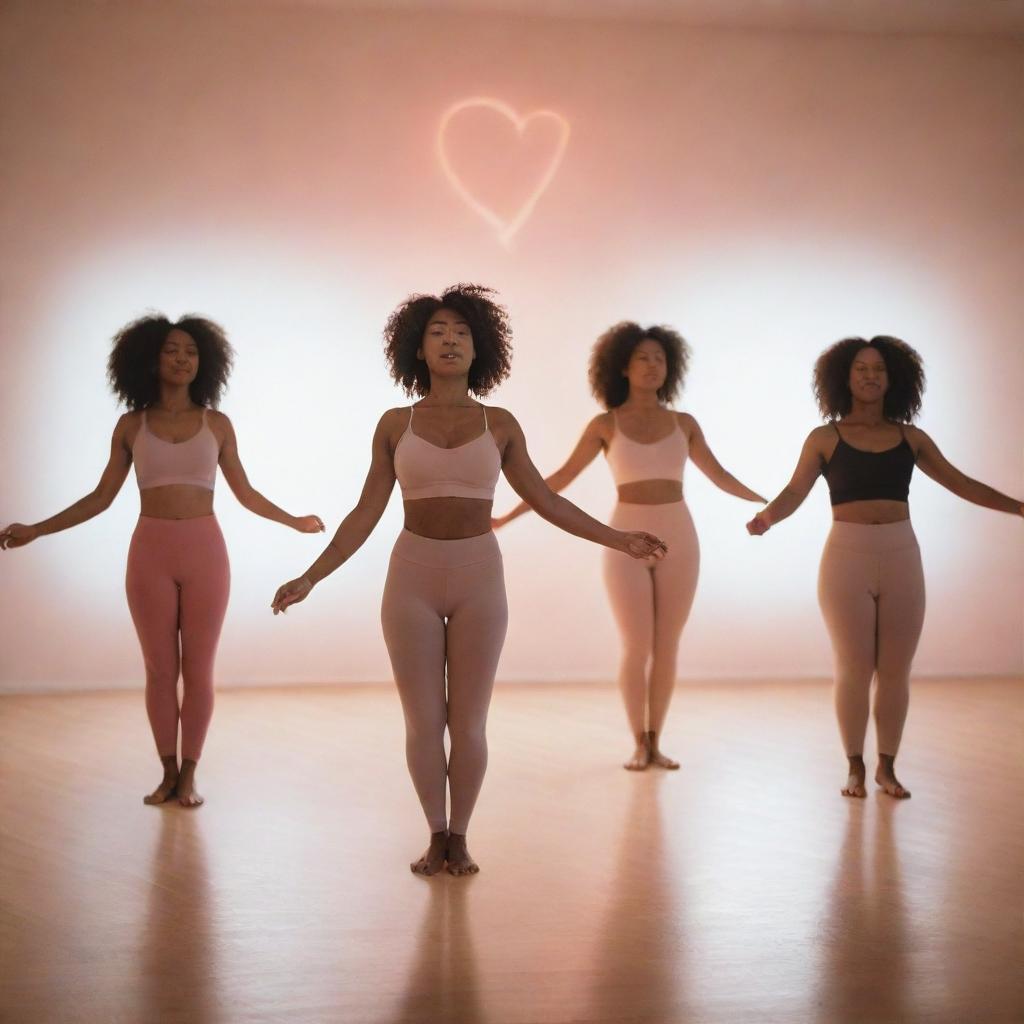 A dynamic, empowering image of diverse women engaged in rhythmic body flow exercises. Ethereal, heart-shaped light surrounds them, hinting at a concluding heart-opening meditation. The space signifies a celebratory Single's Day event on Valentine's Day.