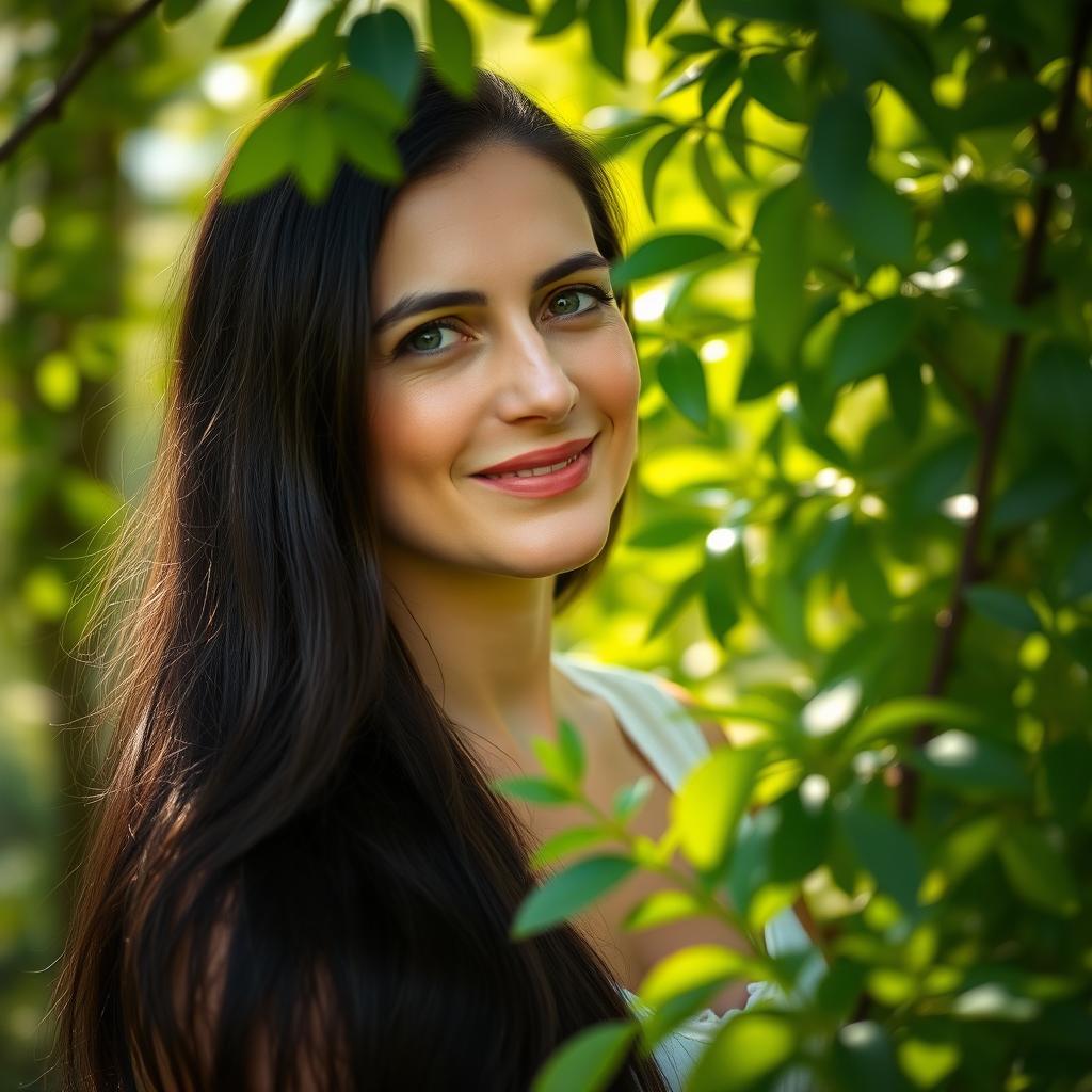 A woman with long dark hair in a serene outdoor setting