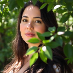 A woman with long dark hair in a serene outdoor setting