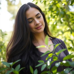 A woman with long dark hair in a serene outdoor setting