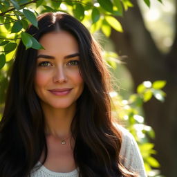 A woman with long dark hair in a serene outdoor setting