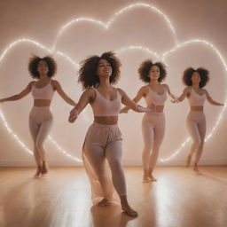 A dynamic, empowering image of diverse women engaged in rhythmic body flow exercises. Ethereal, heart-shaped light surrounds them, hinting at a concluding heart-opening meditation. The space signifies a celebratory Single's Day event on Valentine's Day.