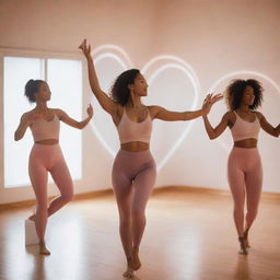 A dynamic, empowering image of diverse women engaged in rhythmic body flow exercises. Ethereal, heart-shaped light surrounds them, hinting at a concluding heart-opening meditation. The space signifies a celebratory Single's Day event on Valentine's Day.