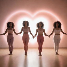 A dynamic, empowering image of diverse women engaged in rhythmic body flow exercises. Ethereal, heart-shaped light surrounds them, hinting at a concluding heart-opening meditation. The space signifies a celebratory Single's Day event on Valentine's Day.