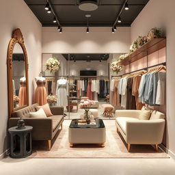 A modern and romantic clothing store design in a small space measuring 3 meters wide, 2 meters deep, and 3 meters high