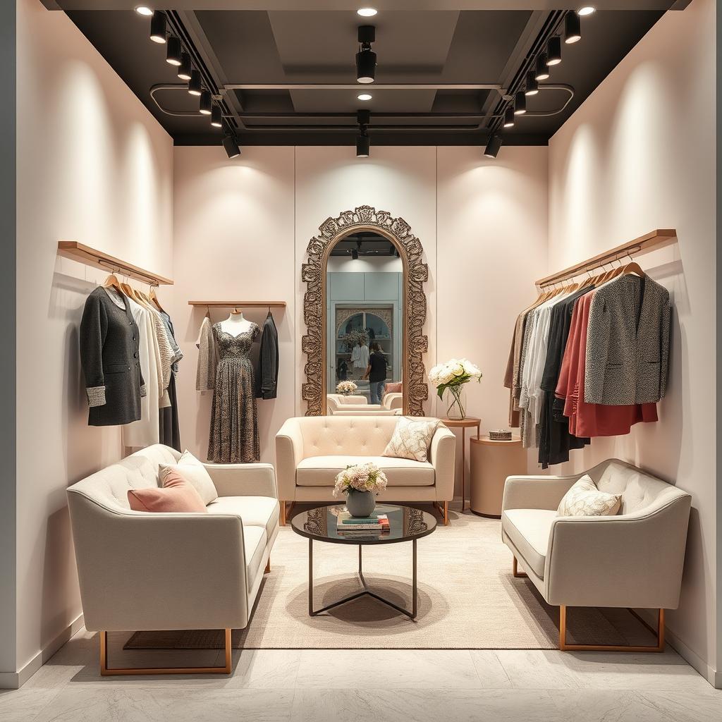 A modern and romantic clothing store design in a small space measuring 3 meters wide, 2 meters deep, and 3 meters high