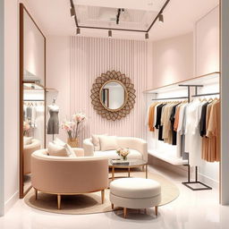 A modern and romantic clothing store design in a small space measuring 3 meters wide, 2 meters deep, and 3 meters high