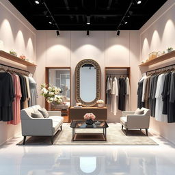 A modern and romantic clothing store design in a small space measuring 3 meters wide, 2 meters deep, and 3 meters high