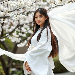 A beautiful girl in a white kimono standing gracefully