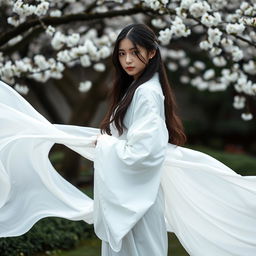 A beautiful girl in a white kimono standing gracefully