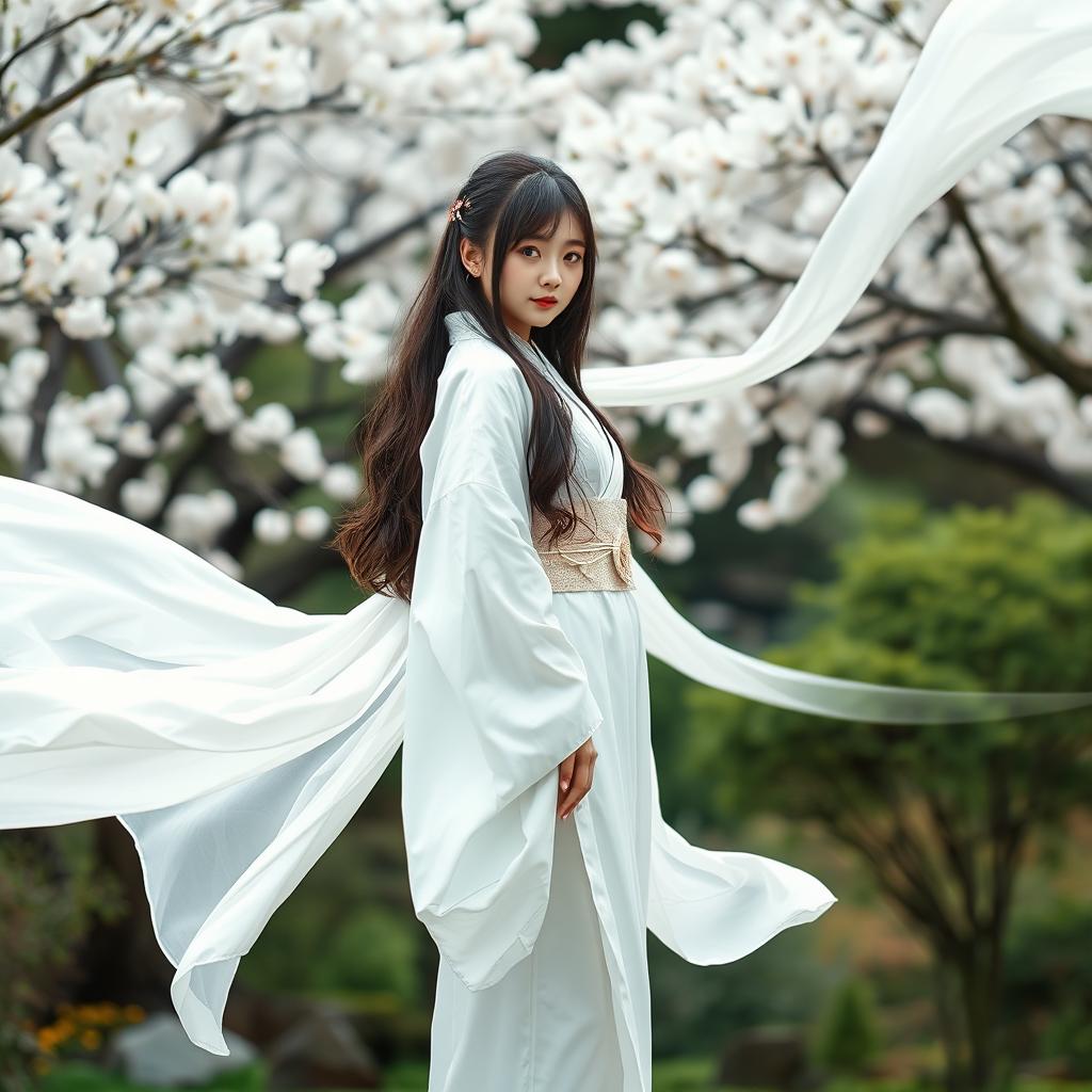 A beautiful girl in a white kimono standing gracefully