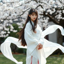 A beautiful girl in a white kimono standing gracefully