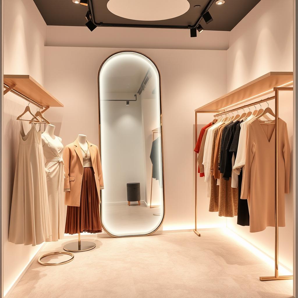 A modern and romantic clothing store design in a compact space measuring 3 meters wide, 2 meters deep, and 3 meters high