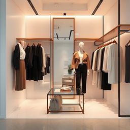 A modern and romantic clothing store design in a compact space measuring 3 meters wide, 2 meters deep, and 3 meters high