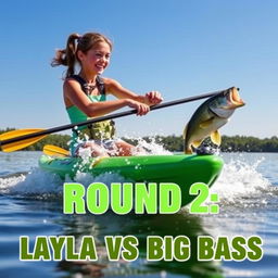 A realistic and dynamic scene featuring a girl with an athletic build, brown hair tied back in a ponytail, joyfully and energetically spinning a large bass fish from her green kayak on a calm lake