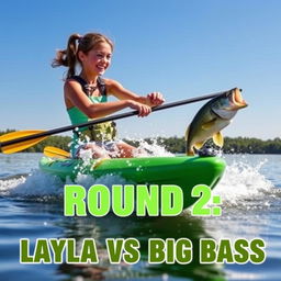 A realistic and dynamic scene featuring a girl with an athletic build, brown hair tied back in a ponytail, joyfully and energetically spinning a large bass fish from her green kayak on a calm lake