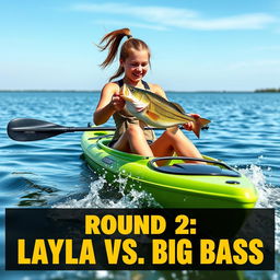 A realistic and dynamic scene featuring a girl with an athletic build, brown hair tied back in a ponytail, joyfully and energetically spinning a large bass fish from her green kayak on a calm lake