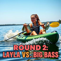 A realistic and dynamic scene featuring a girl with an athletic build, brown hair tied back in a ponytail, joyfully and energetically spinning a large bass fish from her green kayak on a calm lake