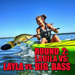 A realistic and dynamic scene featuring a girl with an athletic build, brown hair tied back in a ponytail, joyfully and energetically spinning a large bass fish from her green kayak on a calm lake