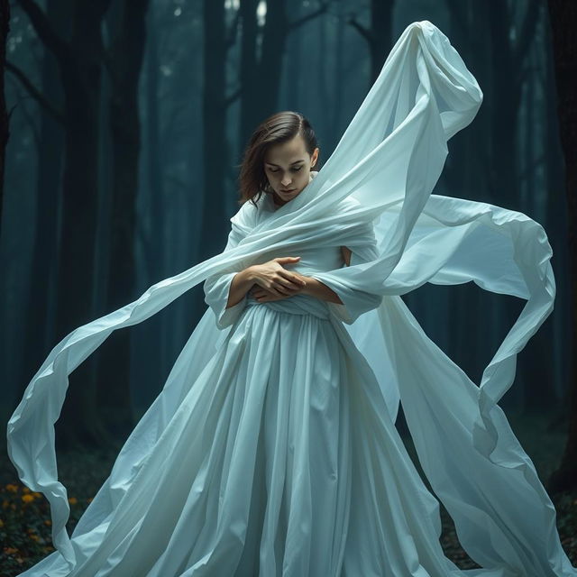 A white cloth girl with the ability to produce an infinite number of white cloths stands in a mysterious forest, using her power to capture a man