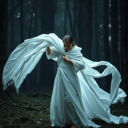 A white cloth girl with the ability to produce an infinite number of white cloths stands in a mysterious forest, using her power to capture a man