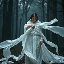 A white cloth girl with the ability to produce an infinite number of white cloths stands in a mysterious forest, using her power to capture a man