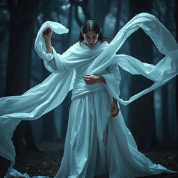 A white cloth girl with the ability to produce an infinite number of white cloths stands in a mysterious forest, using her power to capture a man