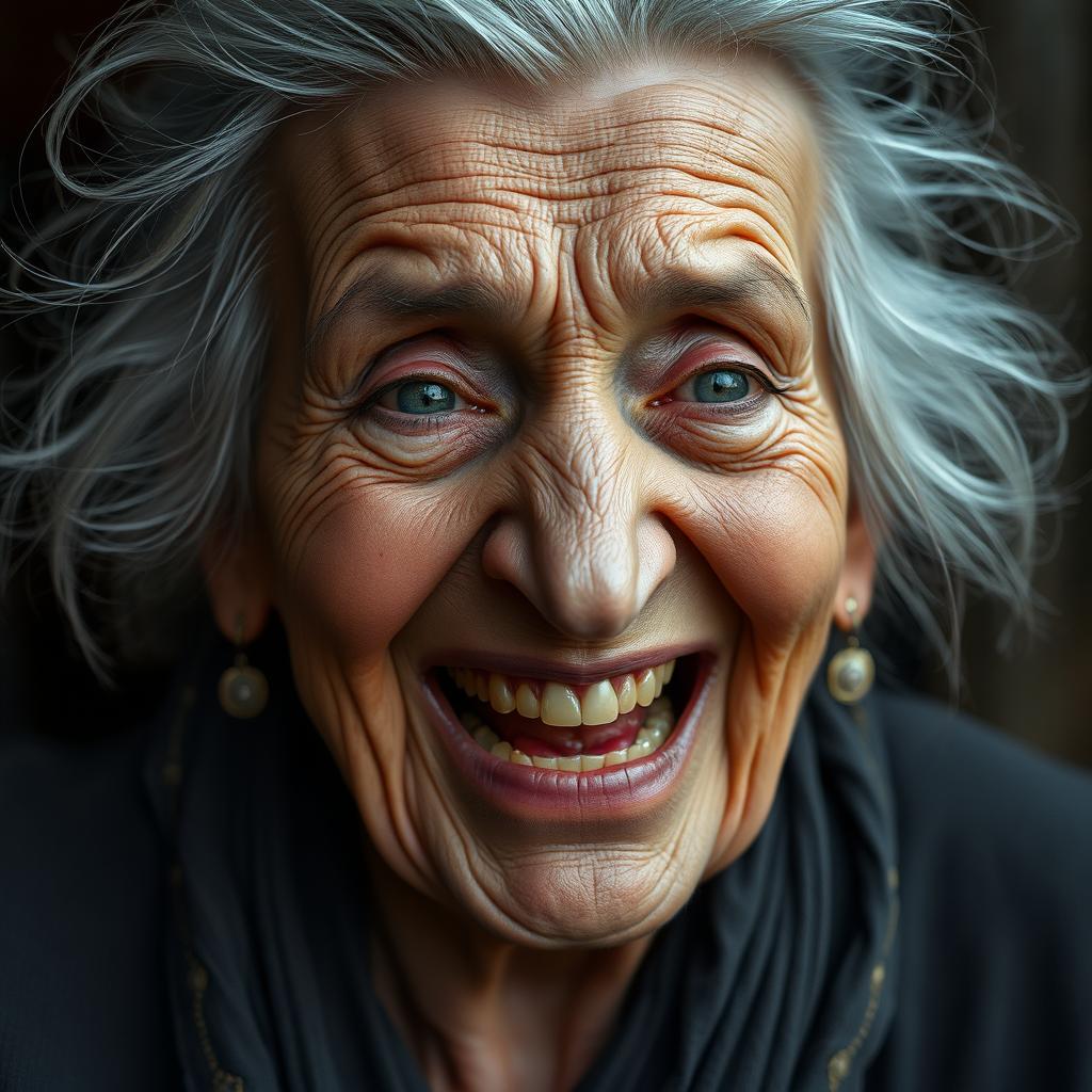 An elderly woman with a deeply wrinkled face and gray, wispy hair, captured in a moment of mean laughter