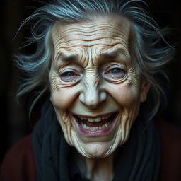 An elderly woman with a deeply wrinkled face and gray, wispy hair, captured in a moment of mean laughter