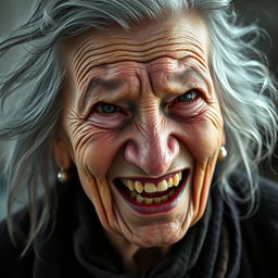 An elderly woman with a deeply wrinkled face and gray, wispy hair, captured in a moment of mean laughter