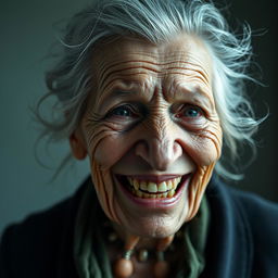 An elderly woman with a deeply wrinkled face and gray, wispy hair, captured in a moment of mean laughter