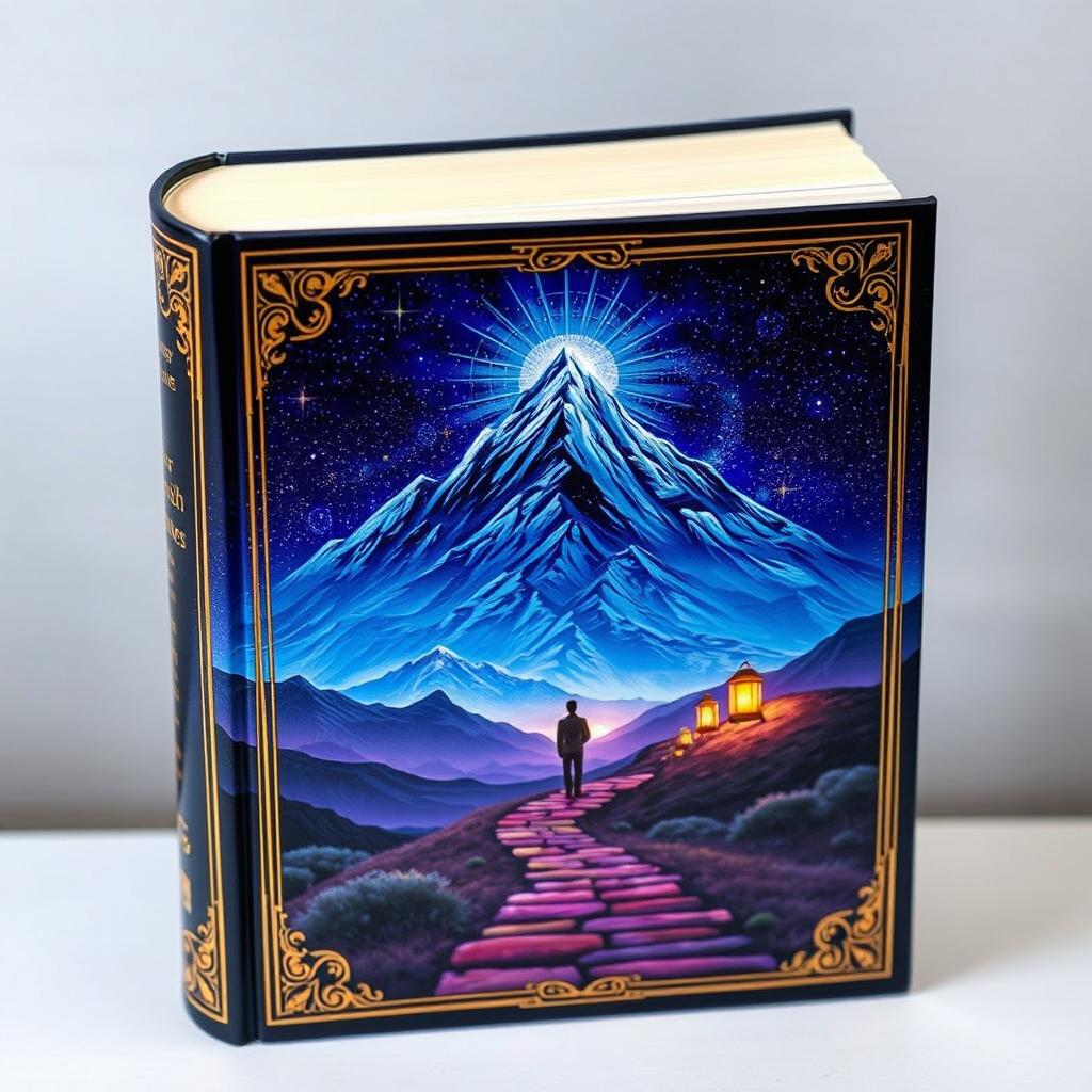 A captivating and eye-catching book cover featuring a surreal landscape with a majestic mountain range under a starry night sky