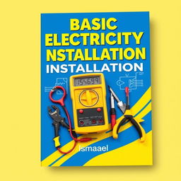 An educational book cover for "Basic Electricity Installation" by Ismael, featuring a dynamic design with a bright blue and yellow color theme