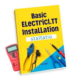 An educational book cover for "Basic Electricity Installation" by Ismael, featuring a dynamic design with a bright blue and yellow color theme